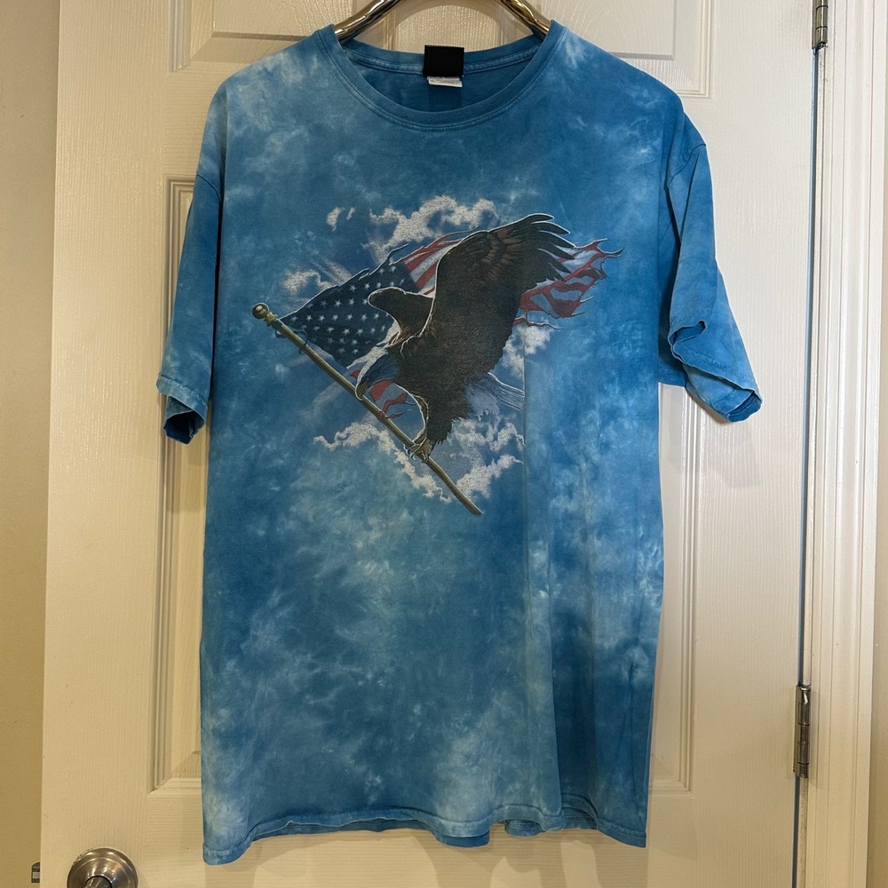 Liquid Blue Mens XL American Flag Bald Eagle Tie Dye T-Shirt Blue Patriotic